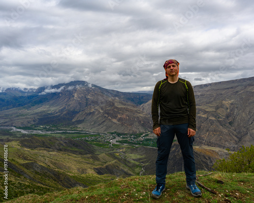 Man in mountain landscape. Dagestan Russia.