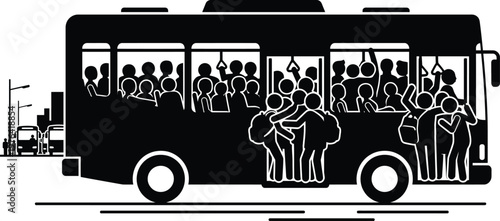 Black Silhouette of a Packed Bus with Passengers and Cityscape Background