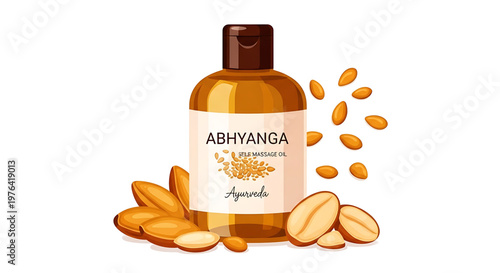 A vector graphic illustration of an Ayurvedic oil bottle with almonds and a label