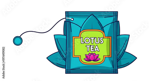 A vibrant illustration of a teabag with a lotus flower design and label