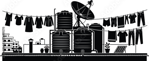 Silhouette of a rooftop scene with clotheslines water tanks satellite dish and buildings laundry