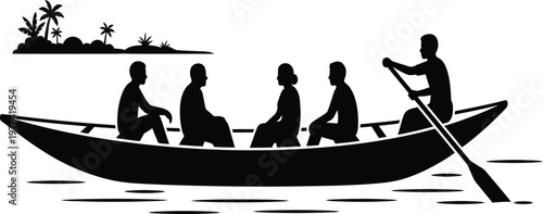 Silhouette of six people in a long boat rowing on water with palm trees on a distant island