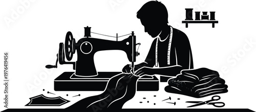 Tailor sewing fabric on a vintage sewing machine with pins and scissors