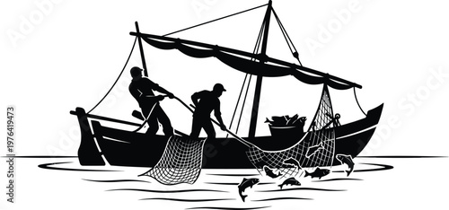 Traditional Fishing Boat with Fishermen Hauling Nets Full of Jumping Fish and Buckets of Catch on White