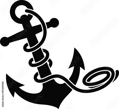 Stylized Black Anchor Wrapped with a Swirling Rope on White Background