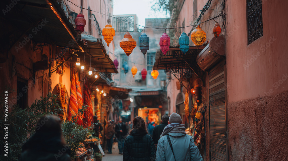 Naklejka premium Busy narrow souk alley in Marrakech, spices, lanterns, and embroidered fabrics hanging from walls, tourists and locals mingling, atmospheric, vibrant, colorful, cultural travel, im