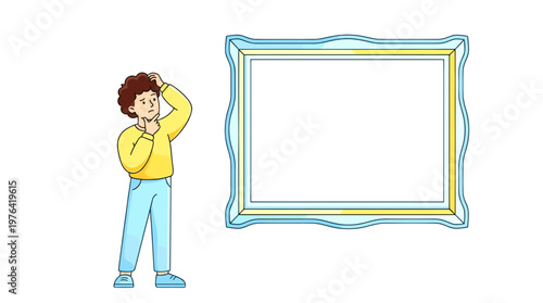 Thoughtful individual considering design possibilities for a pristine empty frame, representing potential and inspiration