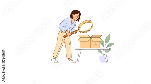 Woman carefully examining contents of an open box with a magnifying glass, symbolizing exploration and discovery
