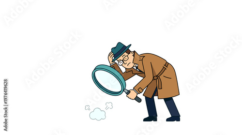 Intrepid cartoon detective meticulously searching for hidden clues on the ground with a magnifying glass, embodying the spirit of thorough investigation and insightful discovery