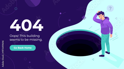 A vibrant illustration depicting a person contemplating a large void, symbolizing a common internet navigation error or a broken link experience on a dynamic background
