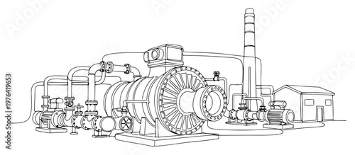 Continuous line drawing of industrial turbine machinery with complex pipelines and factory buildings