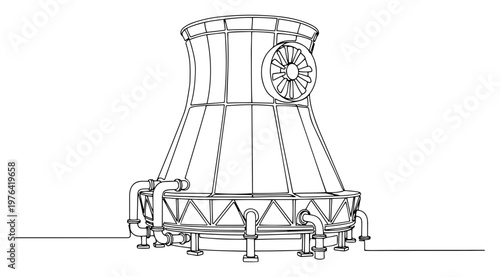 One line drawing of an industrial cooling tower structure for power plants and energy production