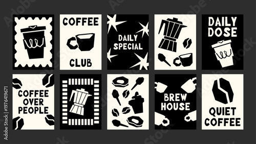 Black and White Coffee Quote Posters Set with Modern Typography for Cafe and Kitchen Wall Art