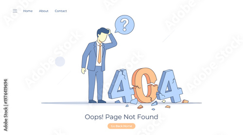 404 Error Page Illustration A Confused Businessman and Broken '404' Text