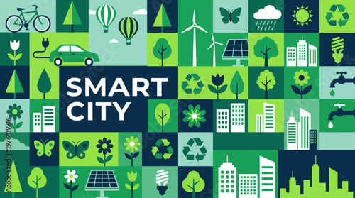 Eco friendly urban planning concept with green city icons and sustainable living symbols