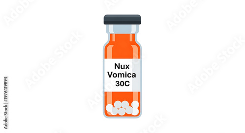 A vector graphic illustration of a homeopathic medicine bottle labeled Nux Vomica 30C