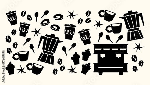 Minimalist Coffee Silhouette Set with Espresso Machine, Moka Pot and Barista Icons in Bold Black Style
