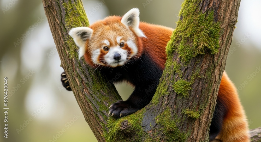 Fototapeta premium A red panda perched on a mossy tree branch in a forest