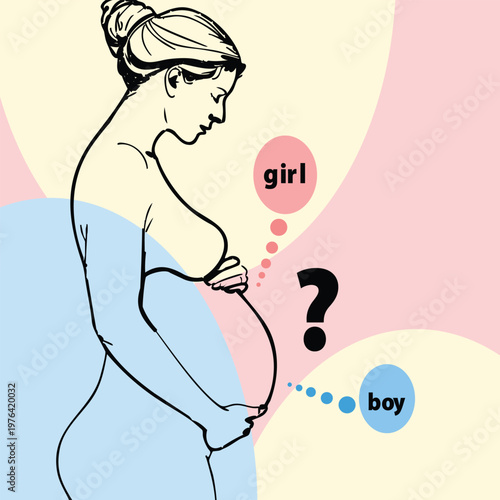 Abstract illustration of a pregnant woman thinking about baby gender with girl and boy speech bubbles on pastel background
