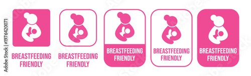 Breastfeeding icon set. Breastfeeding Friendly label. Baby care symbol. Mother and baby icons. Breastfeeding logo, badge, symbol, black, line, flat vector, isolated illustration.