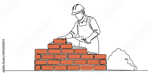 Photos Professional bricklayer building a red brick wall with trowel in continuous line