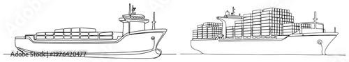 Large container cargo ships for maritime logistics and global trade in minimalist one line art style