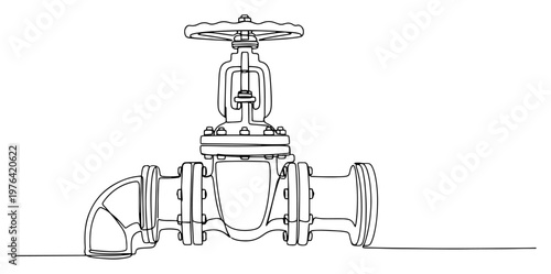 Single line drawing of an industrial pipe valve for oil gas or water flow control
