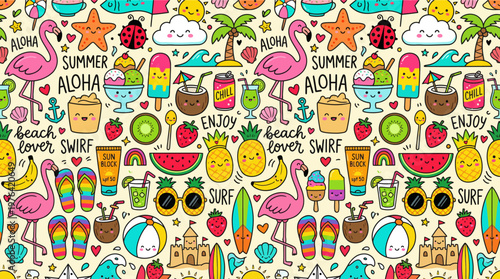 Vibrant summer seamless pattern with tropical icons and text on white background