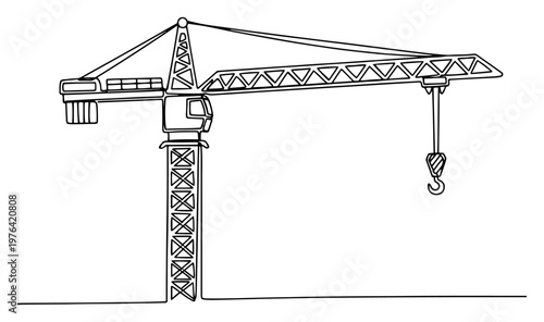Large tower crane for construction site in minimalist one line drawing style