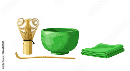 A vector graphic illustration of traditional Japanese matcha tea utensils and accessories