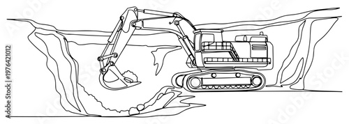 One line drawing of a heavy duty excavator digging in a large industrial quarry