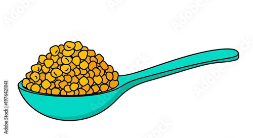 A vibrant illustration of a teal spoon filled with yellow peas on a white background