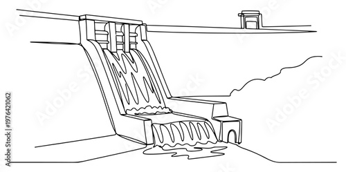 Single continuous line drawing of a massive hydroelectric dam with cascading water