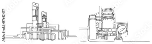 Continuous line drawing of a complex chemical refinery plant with towers and pipelines