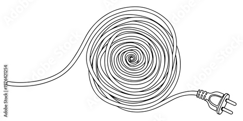 Coiled electric power cable with a plug in minimalist continuous one line drawing style