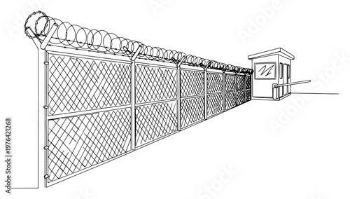 Perimeter security fence with barbed wire and a guardhouse entrance in minimalist single line art