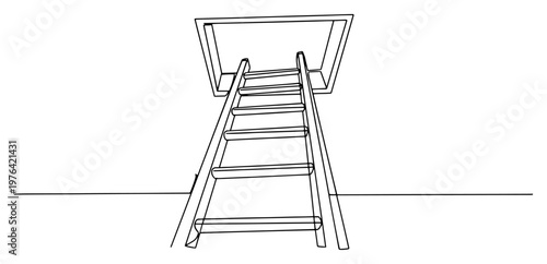 Continuous line drawing of a wooden ladder leaning towards an open attic hatch or ceiling entrance