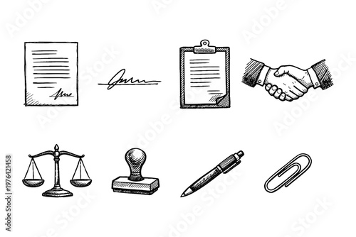 Hand-drawn icons representing legal and business concepts like contracts and agreements
