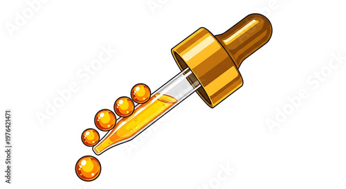 A vector graphic illustration of a dropper with yellow liquid droplets on a white background