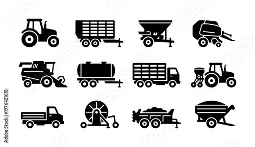 Set of black agricultural machinery icons. Includes tractor, harvester, and truck symbols for farming design. Vector illustration of farm equipment silhouettes.