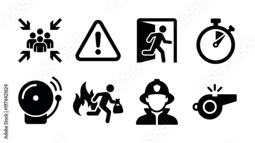 A set of black emergency icons for fire safety and evacuation plans. Includes exit sign, alarm, warning, and firefighter symbols. Perfect for web and print.