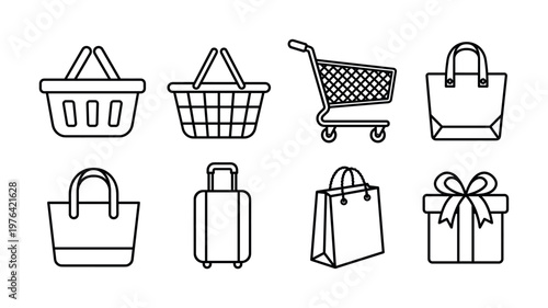 A set of minimalist line icons for e-commerce and retail. Includes shopping basket, cart, bag, and gift symbols for web, app, and UI design.