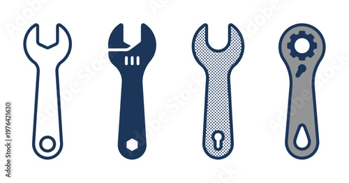 A collection of four different wrench and spanner tool icons. Vector set for repair, service, and settings symbols, suitable for web and app interface design.