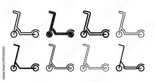 A versatile set of electric scooter icons for urban transport and mobility apps. Minimalist black vector symbols in outline, dotted, and dashed styles for modern design.