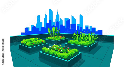A vibrant rooftop garden in a bustling city with lush greenery and colorful flowers
