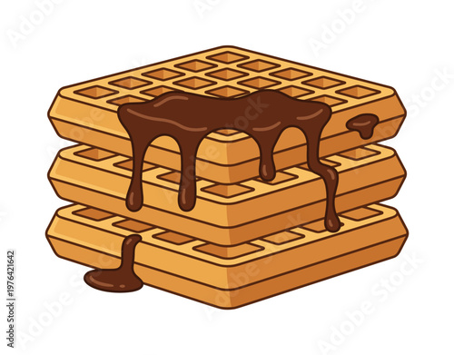 A delicious stack of Belgian waffles with melted chocolate sauce dripping down. A sweet dessert or breakfast vector illustration perfect for menus or food blogs.