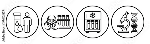 Set of medical test and scientific research icons. Includes blood analysis, biohazard, sample storage, and DNA research. Perfect for science and healthcare concepts.