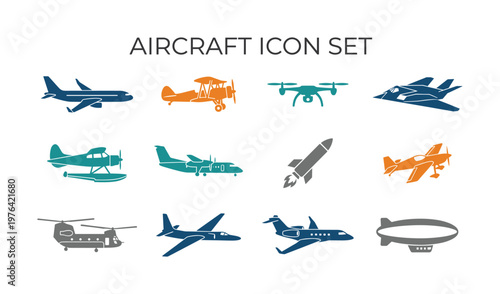 A colorful vector icon set of various aircraft types. Includes planes, helicopter, drone, and rocket for aviation, travel or transport design concepts.