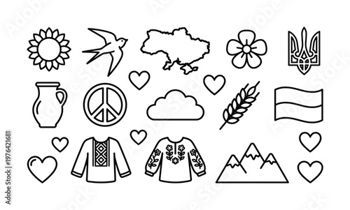 A set of vector line icons representing Ukrainian national symbols, culture, and peace. Includes flag, map, vyshyvanka, and sunflower. For patriotic designs.