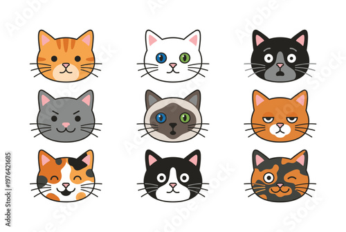 A set of cute cartoon cat faces showing different emotions. Vector icon collection of various cat breeds for avatars, stickers, or pet-related design projects.